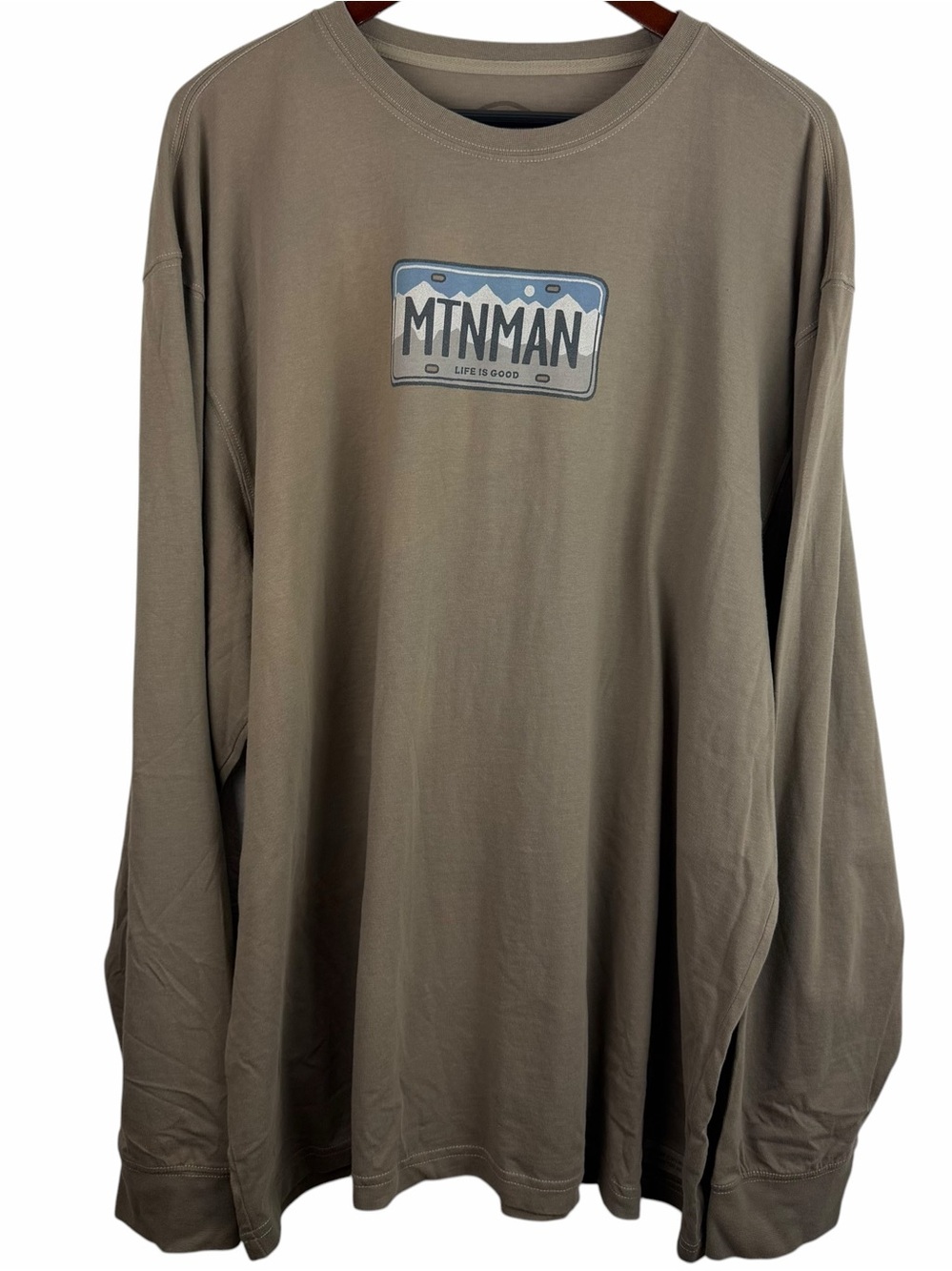 Life is Good | Light Brown “Mtnman” License Plate Long Sleeve Graphic Tee Shirt